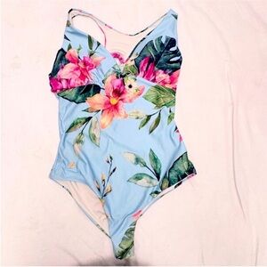 Leonisa Blue Floral One-Piece Swimsuit Size L